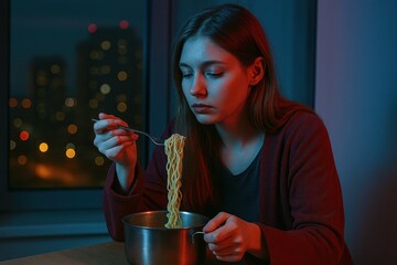 A young woman sits at a table, savoring steaming noodles from a pot while the city skyline glows softly outside her window at night. The atmosphere is warm and intimate