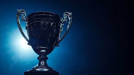 A stunning low angle view showcases a gleaming trophy illuminated by soft, dramatic lighting