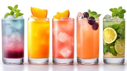 Row of five colorful drinks with ice cubes and fruit garnish. The drinks are arranged in a row, with the first drink being a blue and green drink, the second drink being a pink drink