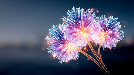 Firework display with three fireworks in the middle of the frame. The fireworks are in different colors and are lit up, creating a vibrant and lively atmosphere