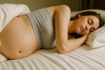 Obraz premium A serene pregnant woman lies on her side in a cozy bedroom, resting peacefully. The soft sunlight filters in, creating a warm and tranquil atmosphere perfect for relaxation