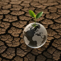 A small plant sprouts from a globe depicting the continents, placed on cracked dry soil, symbolizing the urgent need for environmental care and climate action