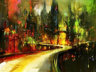 Fototapeta premium Vibrant, abstract cityscape at night, showcasing futuristic architecture.
