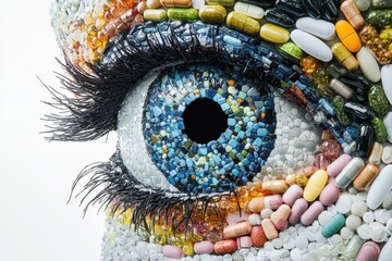 Obraz premium Close-up of human eye made from colorful pills and capsules, creative healthcare concept, artistic representation, medical innovation, World Health Day, healthcare art