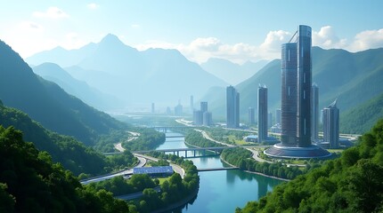 Misty mountain valley with river and tall structures