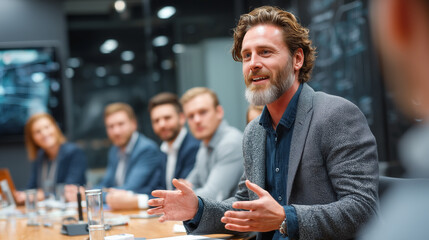Business leader engaging colleagues in a meeting with enthusiasm  