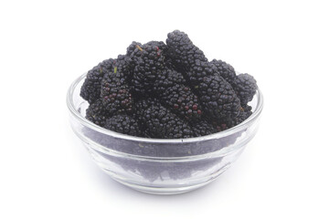 Ripe mulberry in glass bowl isolated on white background.	