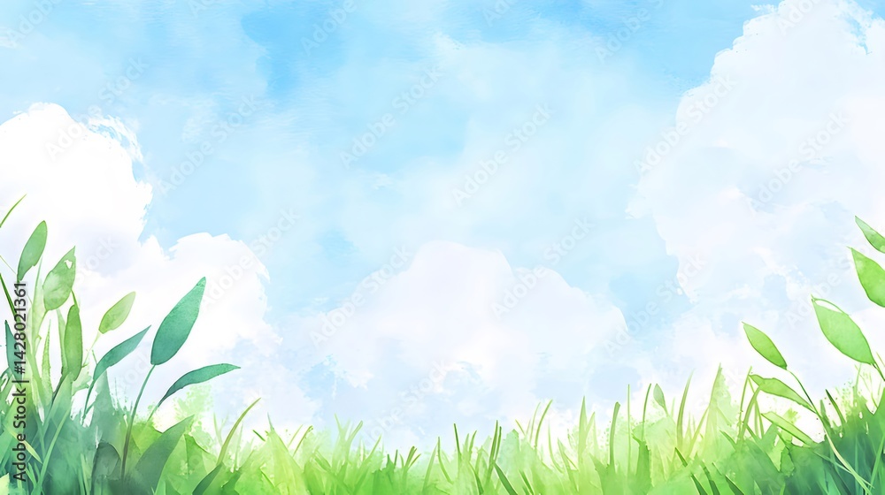 Poster 水彩画スタイル 青い空と緑の草地の風景 太陽の光と雲 自然の美しさ 背景デザイン