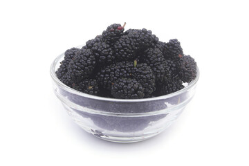 Bowl with mulberry berries isolated on white background.	