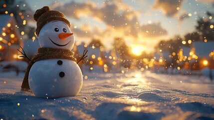 Fototapeta premium Cheerful snowman in a snowy landscape at sunset, with twinkling lights in the background