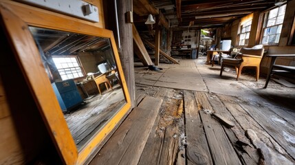 Abandoned rustic interior of a derelict wooden cabin with worn furniture and broken flooring