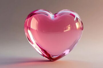 A glossy pink heart shaped object sits on a light colored surface area
