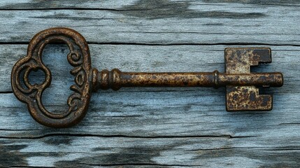 Rusty antique skeleton key on weathered wood background.