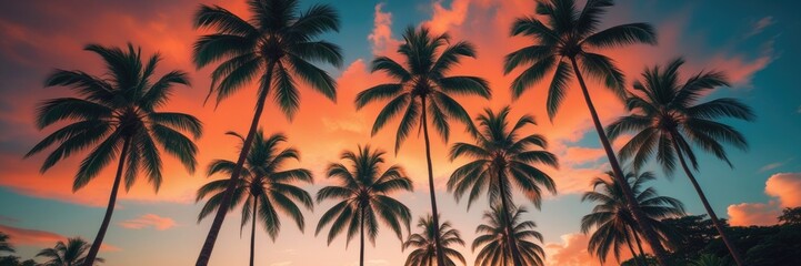 Vibrant Palm Trees Illuminated by Golden Sunset Light Against a Dramatic Sky in a Tropical Paradise