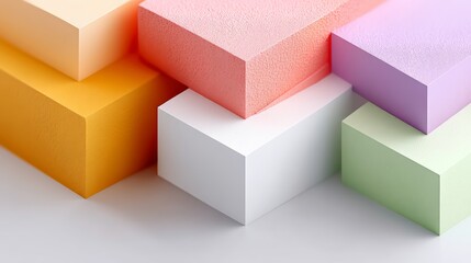 Stack of colorful foam blocks with a white block in the middle. The blocks are arranged in a way that creates a sense of depth and dimension. The colors of the blocks are vibrant and eye-catching