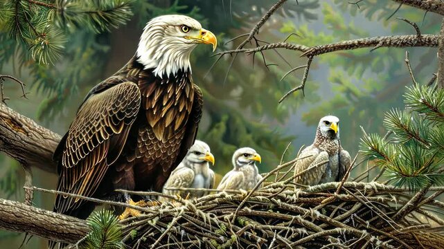 A majestic bald eagle watches over its three fluffy chicks nestled in a cozy nest surrounded by vibrant greenery