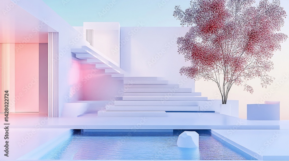 Poster minimalist architecture with white stairs, pool and a red tree creating a serene scene