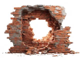 Broken red brick wall section with hole damaged texture 3d old ruin decay on transparent background