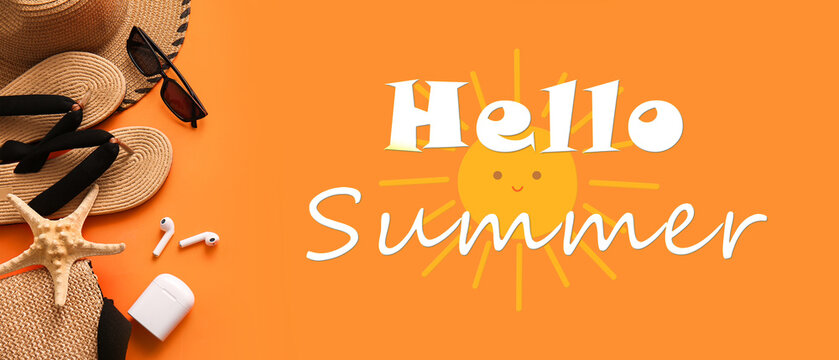 Composition with stylish beach accessories and modern earphones on color background