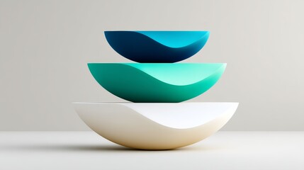 Three bowls stacked on top of each other, one of which is blue. The bowls are arranged in a way that they appear to be floating on a surface. Concept of balance and harmony