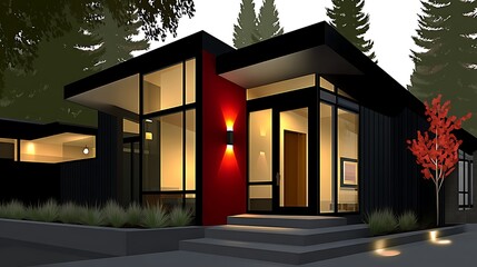 Modern home, dark exterior, red accent wall, glass windows