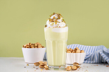 Pistachio milkshake, healthy diet protein cocktail