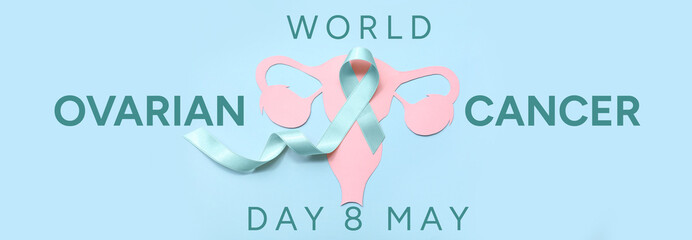 Beige ribbon with paper uterus on blue background. Cancer awareness concept