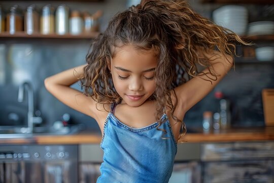 Young girl showcasing her unique style and energy through dancing and social media content creation in the kitchen in a close-up shot.