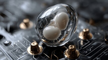 A futuristic egg-shaped object rests on a circuit board, blending technology with organic shapes.