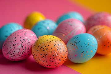 Obraz premium Colorful Easter Eggs in Close-Up Shot on Vibrant Background for Festive Easter Celebration Photo Shoot.