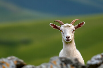 Fototapeta premium Goat on rocky slope, playful expression, traditional village farm setting