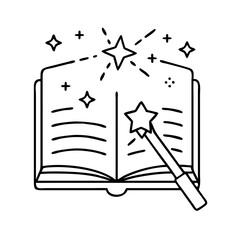 book with magic wand icon, book with magic wand line art - simple line art of book with magic wand, perfect for book with magic wand logos and icons