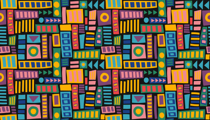 Hand drawn abstract seamless geometric pattern. African ethnic colorful background. Vector shapes banner in flat style.