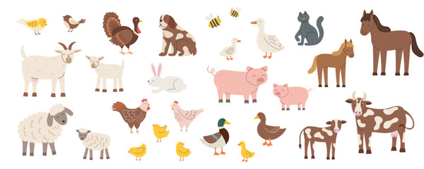 Fototapeta premium Set of farm animals isolated on white. Farming and livestock concept cliparts. Vector flat hand drawn animals background.
