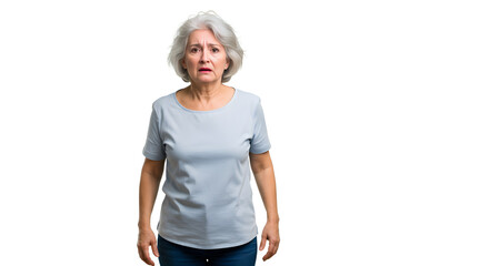 Fototapeta premium A senior woman with a worried expression, standing against a white background, conveying emotions of concern and anxiety.