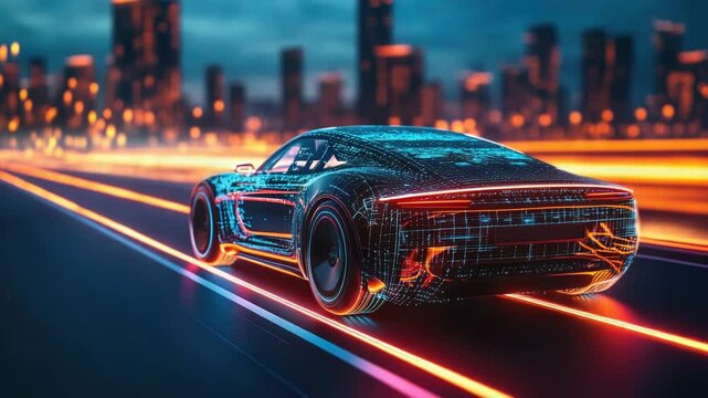High-tech sports car with holographic interface, driving through futuristic cityscape with glowing lights, symbolizing autonomous vehicle innovation, digital transport evolution, and smart mobility
