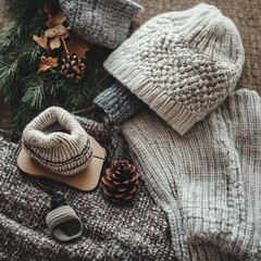 Winter gear on wool texture, cold weather setup with seasonal items, cozy layout