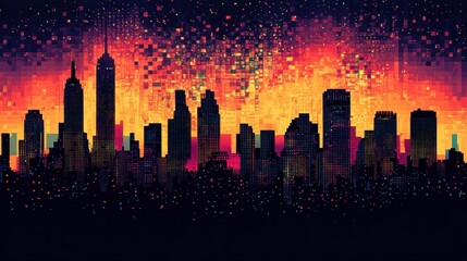 A vibrant digital cityscape at fiery sunset.