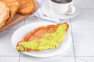 Set of colorful trendy flat croissant with different topping and fillings