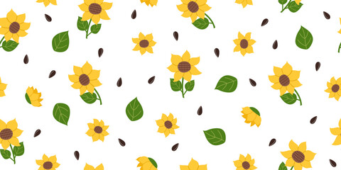 Nature seamless pattern of sunflowers isolated on white. Nature, gardening, agriculture concept. Vector banner in flat style.