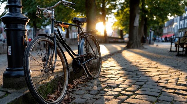 Old black bicycle leaning against a lamppost on a cobblestone street during sunset in a European city
