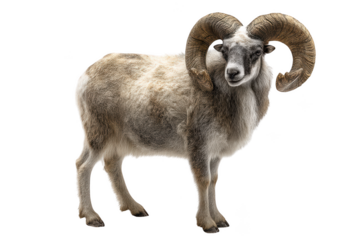 Majestic armenian mouflon ram with large curled horns isolated on fur goat on transparent background