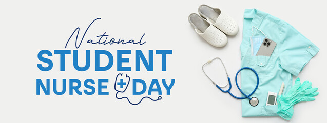 Medical supplies with mobile phone, shoes and stethoscope on white background. Top view