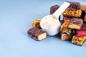 Different taste of protein bars and snacks