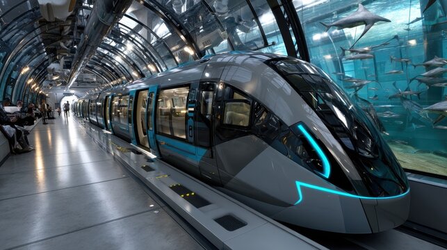 Futuristic high-speed train in an underwater tunnel with large aquarium window and marine life