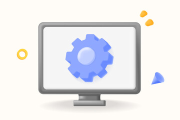 3D illustration vector, gear icon. system settings and software configuration on a computer screen. IT support, software development