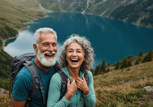 A happy senior couple enjoying a hike in the mountains with a scenic lake view.