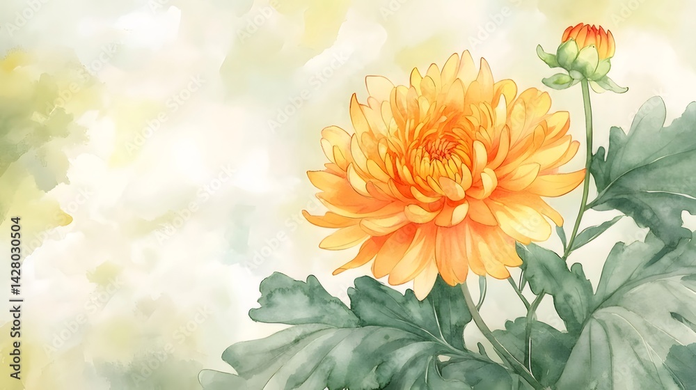 Aufkleber オレンジ色の菊の花の水彩画 背景に緑色の葉と蕾 咲いている花の芸術的な描写
