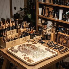 Wood burning tools on craft table, pyrography station with design items, art theme