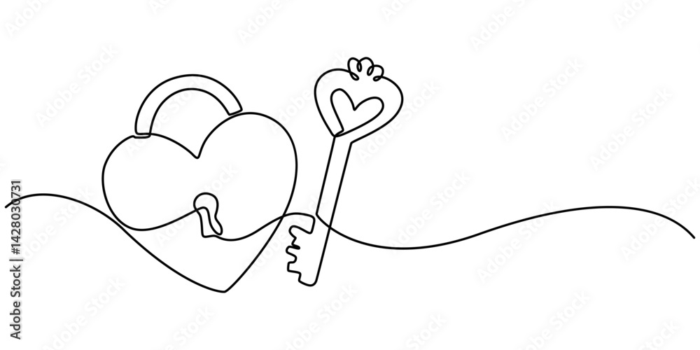 Poster Continuous one line drawing of a heart shaped lock and key. Vector illustration, Continuous line drawing. Lock and key. Heart shape. Valentine's day. Template for love cards and invitations. Isolated.